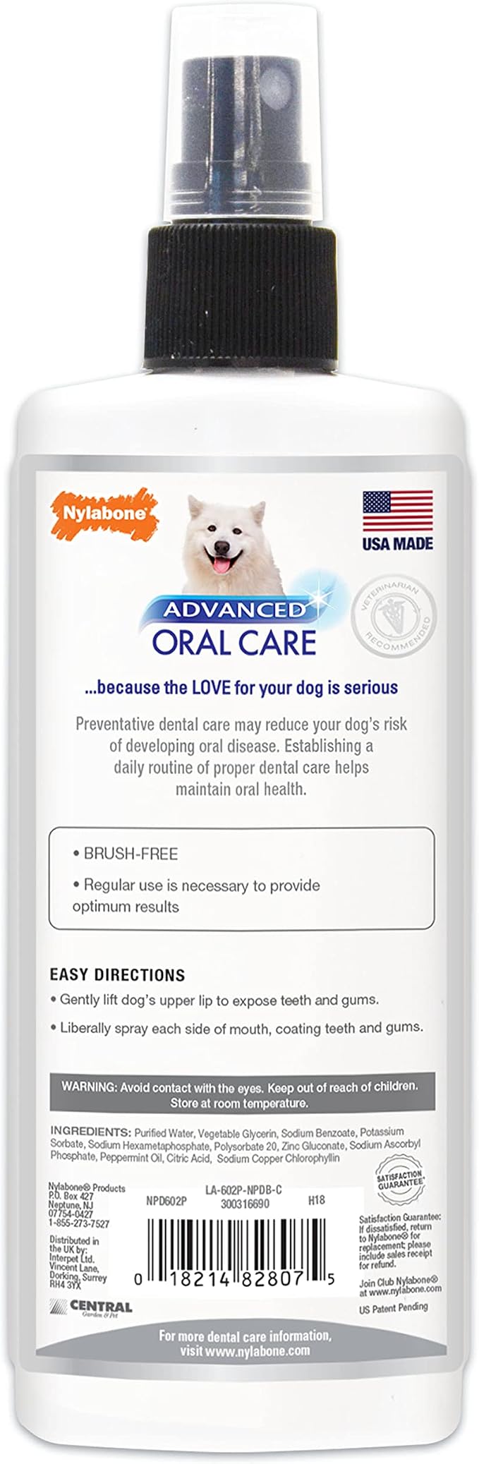 Nylabone Advanced Oral Care Pet Dental Spray, Liquid Tartar Remover & Breath Freshener for Dogs, Dog Teeth-Cleaning, 4 oz.