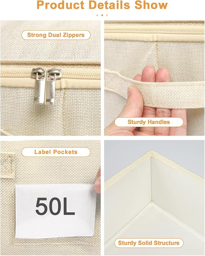 punemi Sturdy Underbed Wedding Dress Storage Box, 3Pack, Beige | Rigid Sides & Bottom, 50L Large Capacity for Evening Gowns & Heirlooms, Ideal for Closet, Shelf & Cabinet Storage
