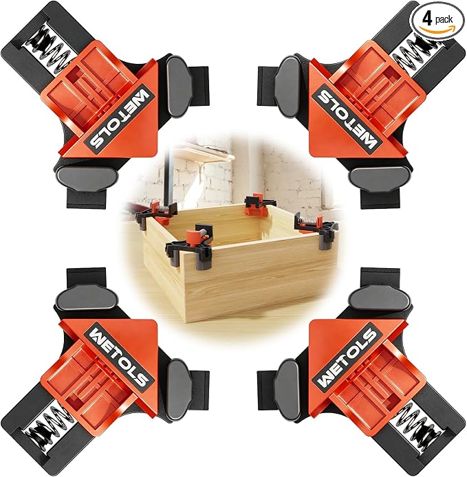 WETOLS 90 Degree Corner Clamp Set, 4 Pcs Adjustable Clamps for Woodworking | 4-Piece Set, 90° Corner Clamps, Fits 3/16"-3/4" Wood, Strong Spring, Easy One-Hand Operation, Durable Polyamide, Gift Box