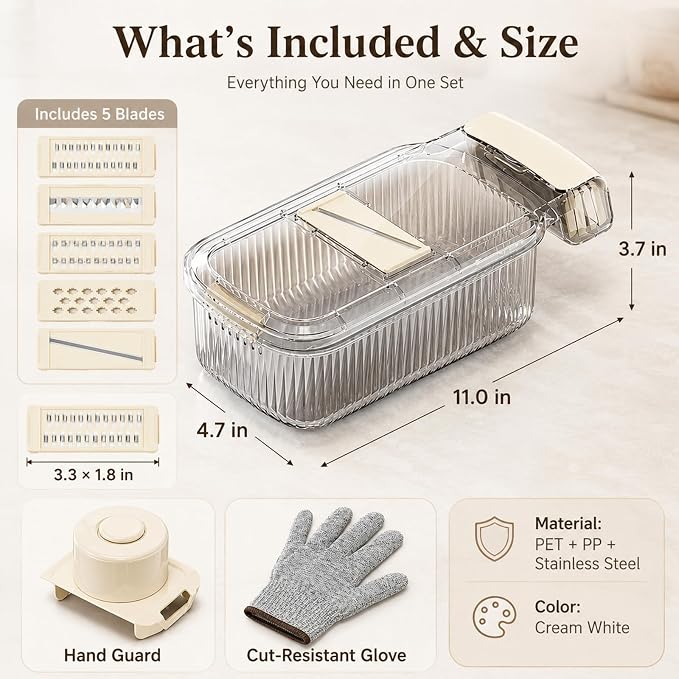 Mandoline Slicer, Vegetable Cutter, Container, Glove & Guard, 5-Blade | Five interchangeable inserts deliver 1.5mm sheets, 3mm and 5mm julienne, wavy edges, plus grated textures for varied recipes.