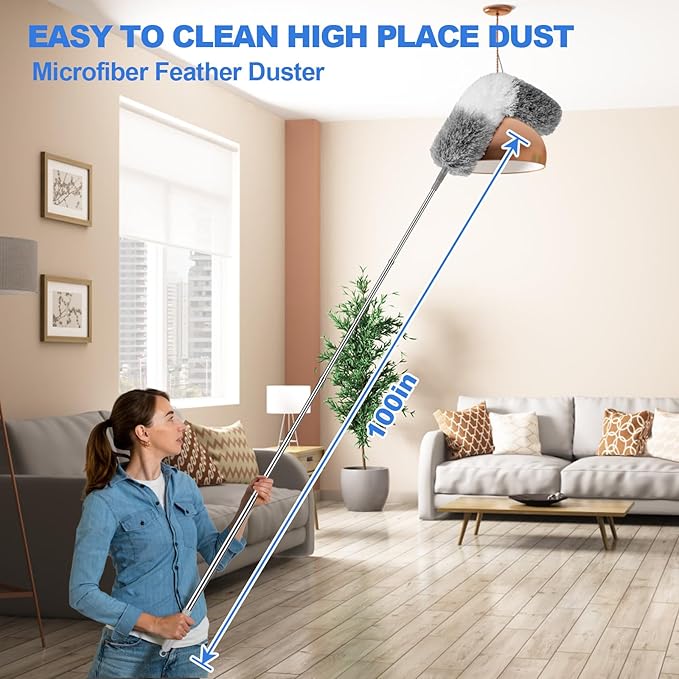 Dusters for Cleaning,Feather Duster with Extension Pole,Ceiling Fan Cleaner Duster,Long Duster Extended Handle,Blind Cleaner Dusting | Bendable Head Dusters for Cleaning Ceiling Fan, High Ceiling, Blinds, Furniture