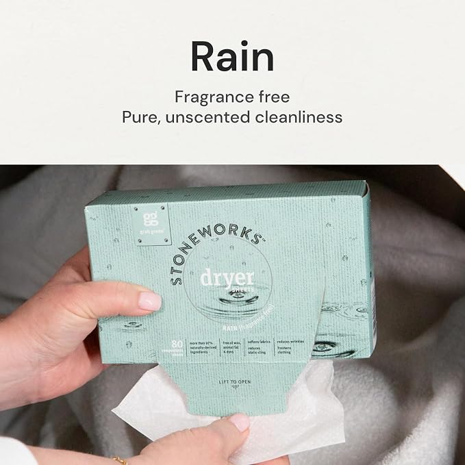 Grab Green Stoneworks Dryer Sheets, Unscented, 160 Count, Compostable | Softens fabrics; Reduces Static; Cruelty-free; Plant & Mineral Based; No Harsh Chemicals