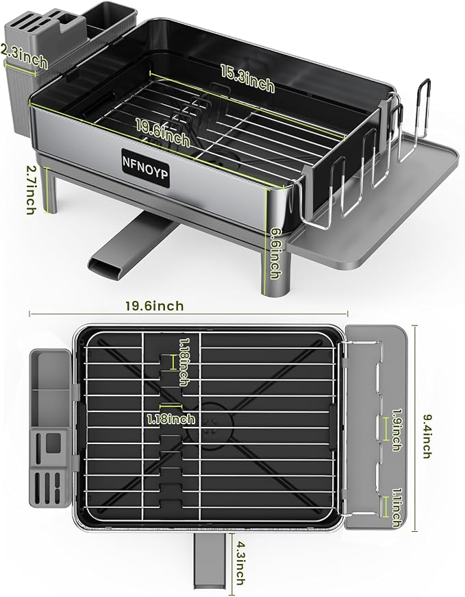Dish Drying Rack, 304 Stainless Steel Dish Rack and Drainboard Set, Rustproof Dish Drainer with Anti-Pooling Automatic Drainage, Large Capacity Kitchen Counter Organizer, Grey