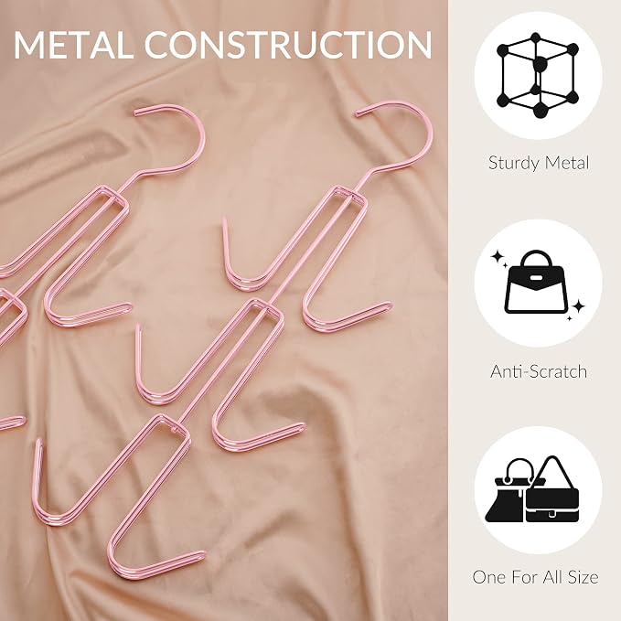 ZEDODIER 4 Pack Purse Organizer for Closet, Heavy-Duty Hanging Purse Hanger Closet Holds Up to 24 Purses, Metal Rotating Space Saving Bag Holder Handbag Storage Hook Backpack Rack, Pink | Metal 24 Hooks Handbag Holder for Bag Storage, 360° Rotating Des...