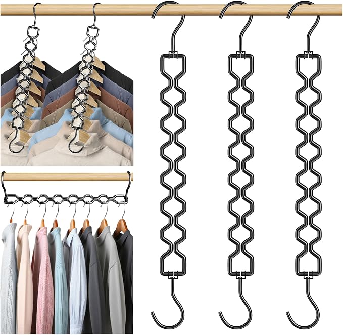 Space Saving Hangers for Clothes 3 Pack Sturdy Metal Hangers Heavy Duty | Magic Clothes Space Saver Hanger Organizer with 360° Swivel Hook, Closet Organizers and Storage Dorm Room Essentials Black
