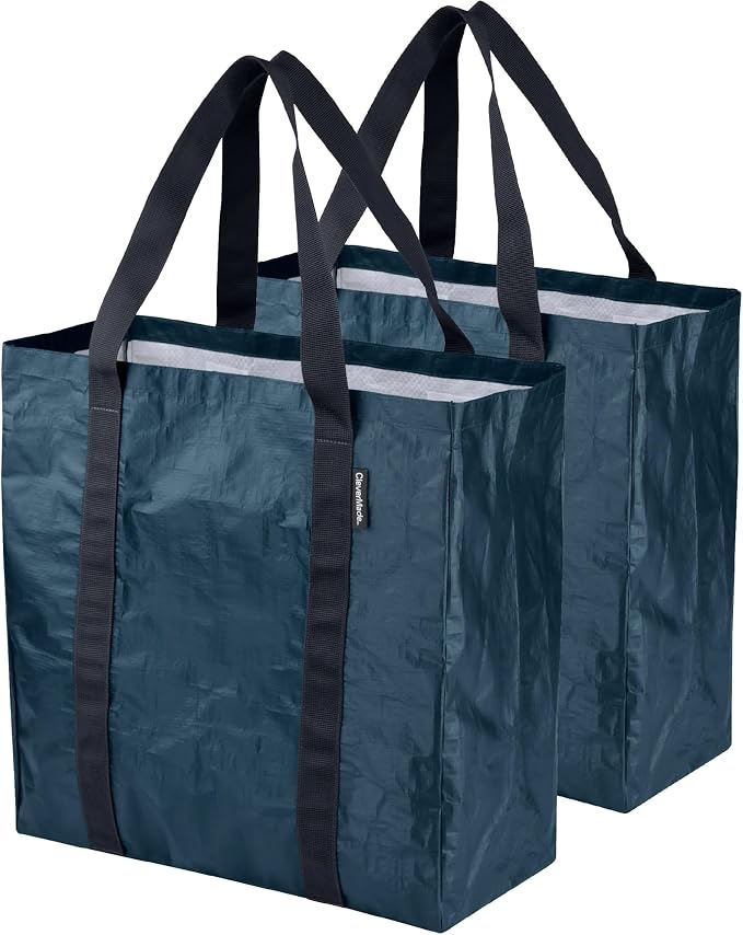 CleverMade Open-Top Storage Tote, 42L, 2 Pack, Ocean | Structured sides stay upright for grocery, laundry, beach, or delivery loading. Reinforced handles carry repeat-use loads.