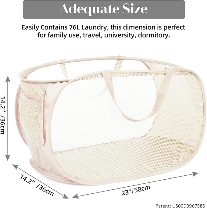 Durable Collapsible Laundry Baskets, Mesh Pop Up Laundry Hamper with Side Pocket, Foldable Clothes Storage Hamper with Reinforced Carry Handles for Laundry, Bathroom, Kids Room, Dorm or Travel Beige