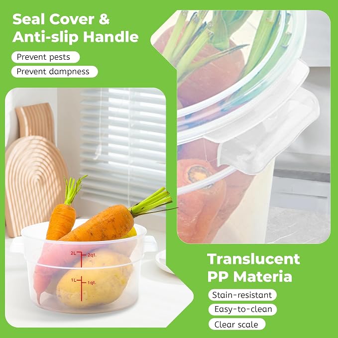 BIEAMA 4 Pack 2 Qt Round Food Storage Containers with Lids, Translucent PP | Include lids, labels, measuring cups and containers with capacity markings for food prep, pantry storage and dough proofing.