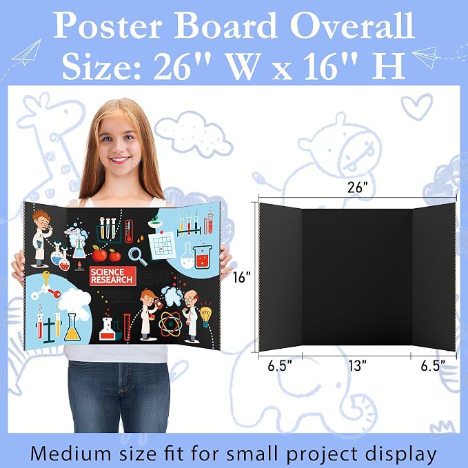 AKONEGE 12Pcs Medium Trifold Poster Board, 26" x 16" Black Corrugated Cardboard Tri Fold Poster Boards for School Projects, Presentations, Science Fair, Photo Display, Art Exhibition