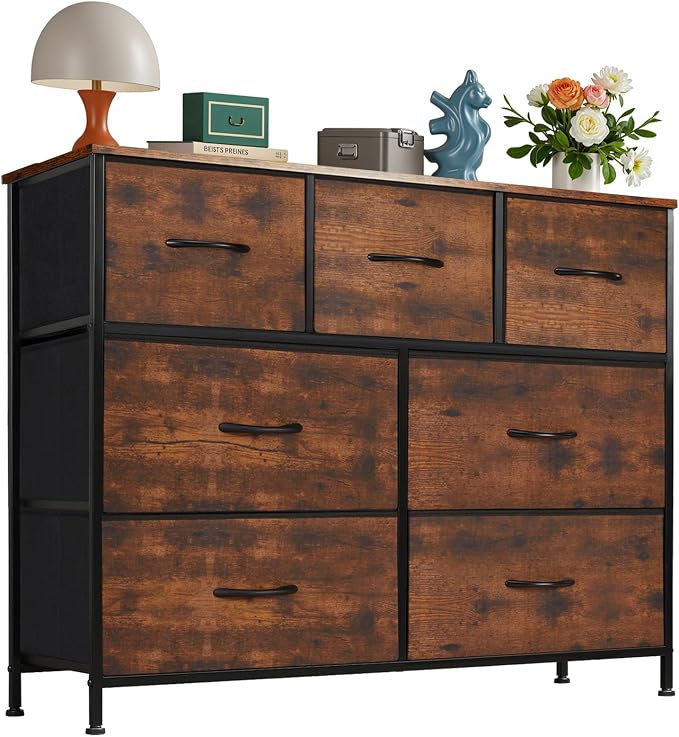 OLIXIS 7 Drawer Closet Organizer, Storage Tower with Sturdy Steel Frame | Dresser for Bedroom, Wooden Top & Easy Pull Fabric Bins, Clothes Organization, Living Room Entryway, Brown