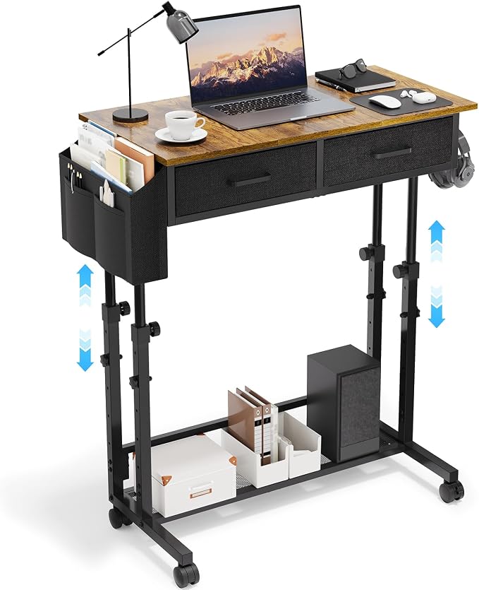 Small Rolling Standing Desk, Height Adjustable Mobile Sturdy Desk with 2 Fabric Drawers & Storage Shelf, Portable Sofa Side Laptop Table for Home Office, Small Spaces, 31.41"" x 15.74"", Rustic Brown