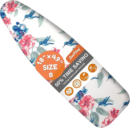Ironing Board Cover and Pad 18"x49" Extra Thick Natural Cotton, Scorch and Stain Resistant Padding, Extra Wide Iron Board Cover with 4 Fasteners Heavy Duty Elastic Edge, Heatproof Flower