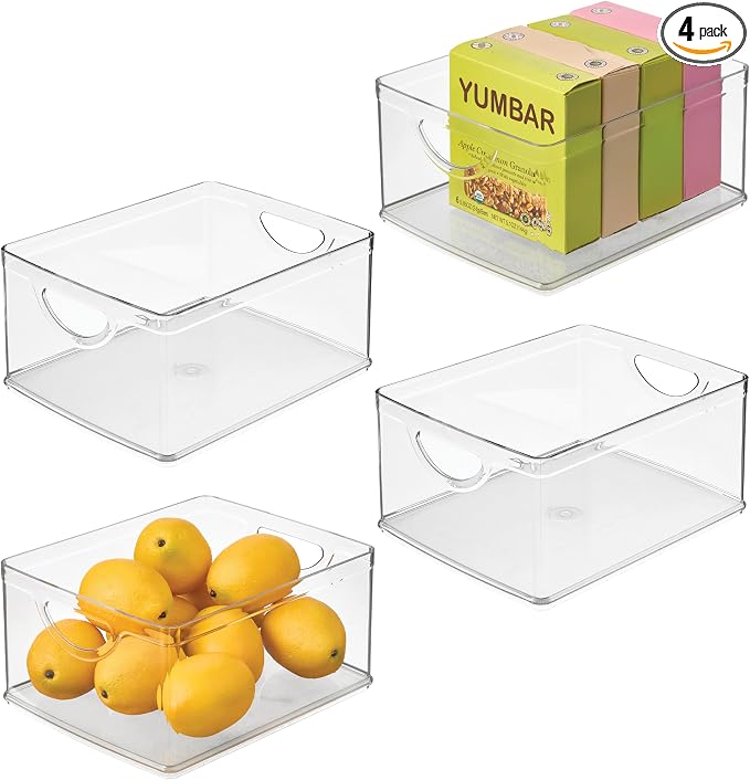 iDesign Plastic Stackable Kitchen Cabinet Storage Bin, Clear, 4-Pack | With Handles, Pantry Organizer