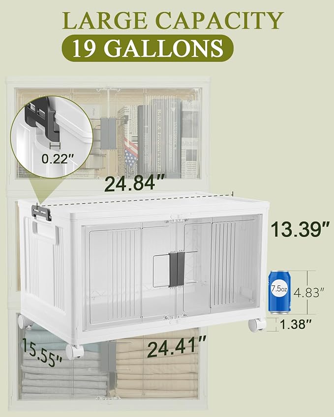 OlarHike 76QT Lockable Storage Bins with Lids - Folding Storage Box with Doors & Wheels, Collapsible Drawers for Home, Dorm, Closets, Office, School, College, Stackable Containers, 4 Pack Cubes