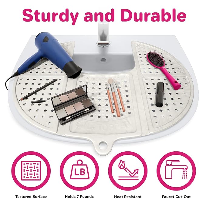 Sink Topper Bathroom Sink Cover for Counter Space, Standard White | Holds up to 7 lb on a steel frame; fits over basins to 19 in; 480°F silicone, hot tools; foldable makeup mat; RV, camper
