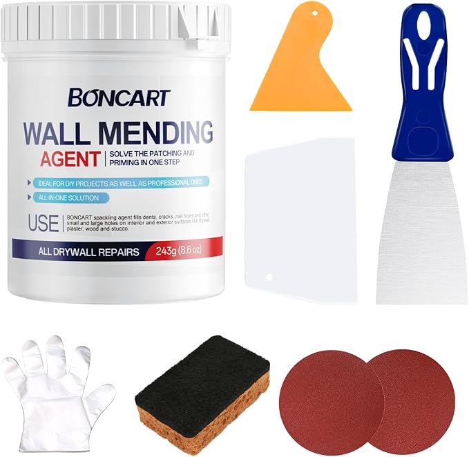 BONCART 8.6Oz Drywall Patch Repair Kit – Professional All-in-1 Tool Set | Includes Scrapers, Putty Knife, Texture Sponge, Sandpaper, And Gloves. Fast Wall Hole Repair