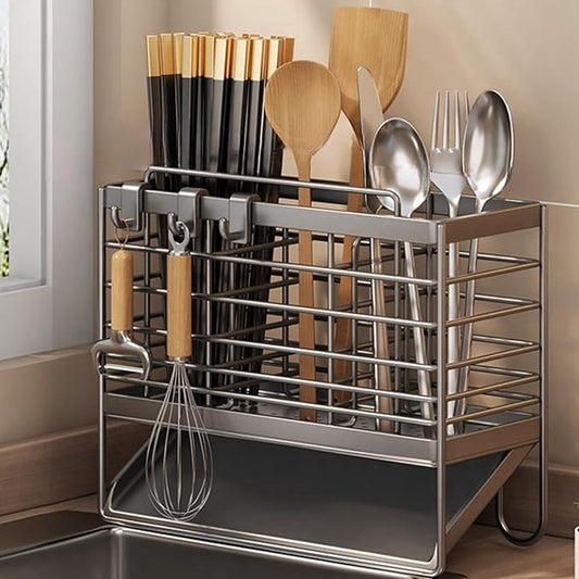 Utensil Holder,Dish Drainer for Kitchen Counter, 3 Compartments Stainless Steel Utensil Drying Rack, Kitchen Utensils Holder with Towel Bar,Self-Draining Tray Design