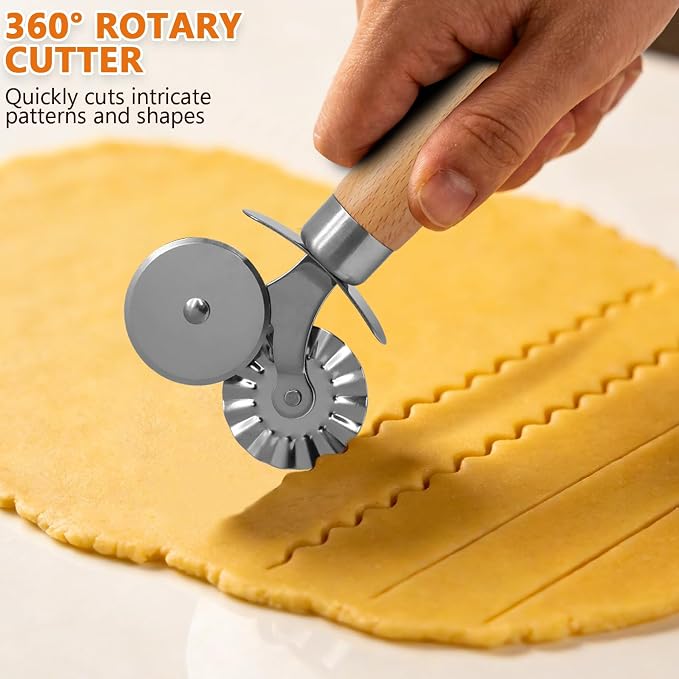 Pastry Cutter Tool, Pasta Cutter Wheel with Double Wheel Design & Comfortable Wooden Handle - Perfect for Pasta, Pizza, Ravioli & Cookie Making