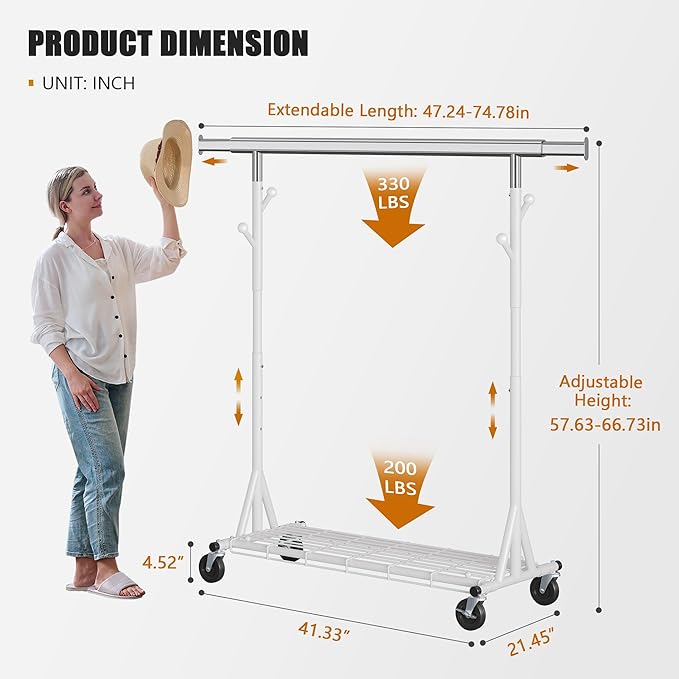 Gewudraw Clothes Rack Heavy Duty 530 LBS Capacity, Portable, Foldable,White | Rolling Clothing Rack With 4" Wheels,Shelf, Hooks, Adjustable, Collapsible, Garment Rack for Wardrobe,Bedroom, Laundry Room