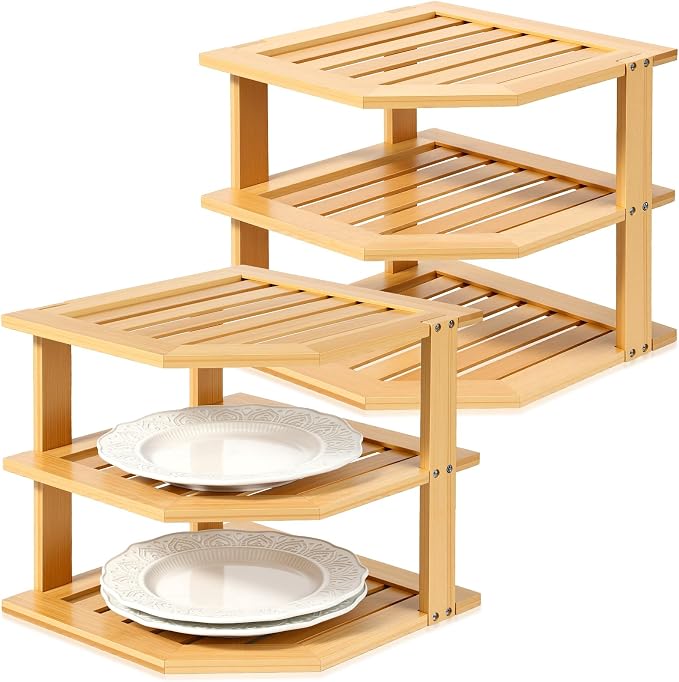 2 Pcs Corner Bamboo Shelf, Kitchen Cabinet Organizer Bamboo Bookshelf, Organizer Kitchen Shelves, Corner Cabinet Rack, Storage Shelves for Pantry Bathroom Dining Room Study Laundry