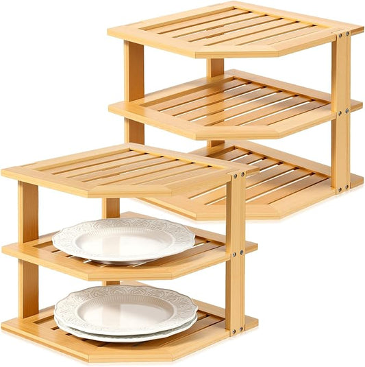 2 Pcs Corner Bamboo Shelf, Kitchen Cabinet Organizer Bamboo Bookshelf, Organizer Kitchen Shelves, Corner Cabinet Rack, Storage Shelves for Pantry Bathroom Dining Room Study Laundry