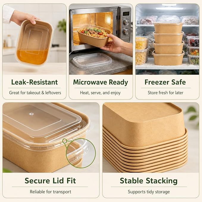 DI QIU REN 50-Pack 25oz Paper Bowls, Disposable Food Containers with Lids and Forks, Cardboard Meal Prep Containers for Diet Salad, Pasta (kraft Paper Rectangular, 25oz 50 Count)