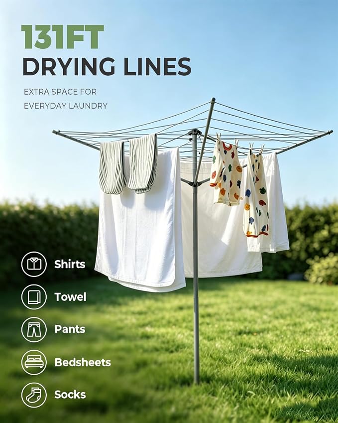 JS HANGER Collapsible 3-arm Rotary Outdoor Umbrella Drying Rack Metal Clothes Dryer Clothesline with 131ft Drying Space