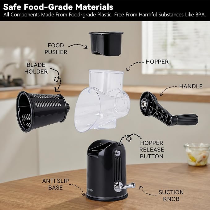 Rotary Cheese Grater with Handle – Includes 5 Stainless Blades and Feature Strong Suction Base – Easy to Clean, Cheese Shredder Hand Crank, Multi-Purpose Slicer (Black)