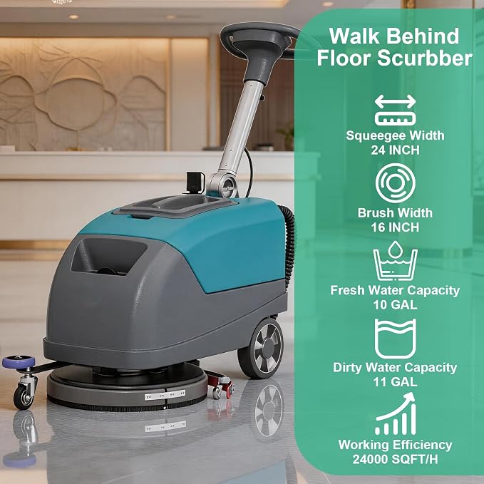 Walk-Behind Floor Scrubber Dryer with 16" Scrub Path, 24" Suction Width, 11-gal Sewage Tank, 10-Clear water tank, Foldable Walk Behind Hand Push Floor Scrubber 24000 Sqft/h