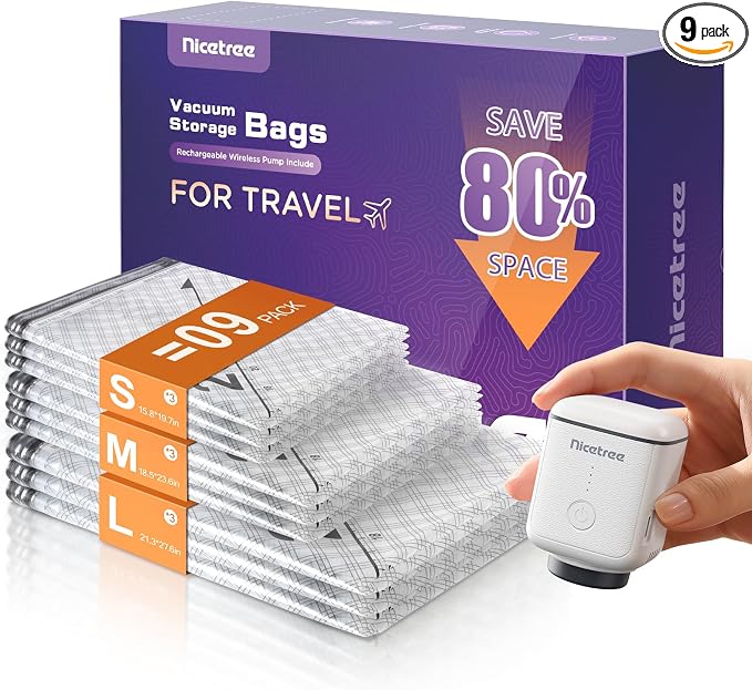 Nicetree 9-Pack Vacuum Bags for Travel with Rechargeable Pump, Compression Packing Bags for Carry-On Luggage & Suitcase, Vacuum Seal Bags for Clothing, 3 Sizes for Travel & Home Storage