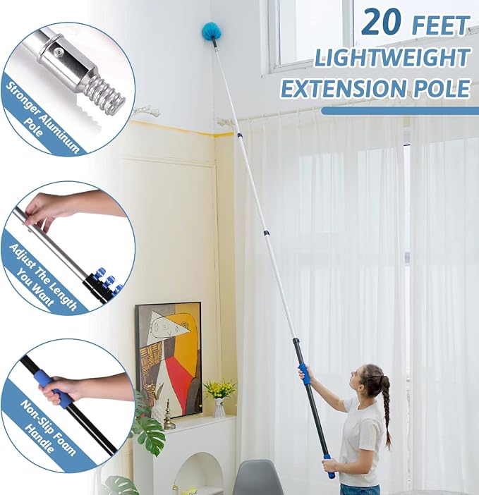 20 Foot Cobweb Duster with Extension Pole 2 PCS, Webster Cobweb Duster for High Ceilings/Corners, Spider Web Brush with Pole for Outdoor & Indoor Web Cleaning, Outdoor Cobweb Brush Kit by MAYKI