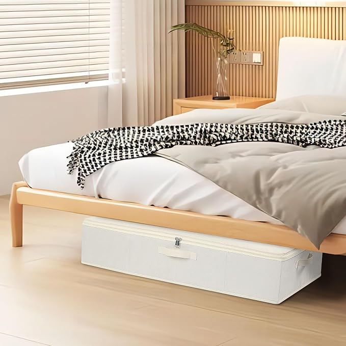 Underbed Storage Organizers,Beige,2 Pack,31.5x15.7x5.9 Inch | Under Bed Storage Container with Lids,Fabric Boxes,Drawer Organizer Bags,Foldable Baskets for Bedroom