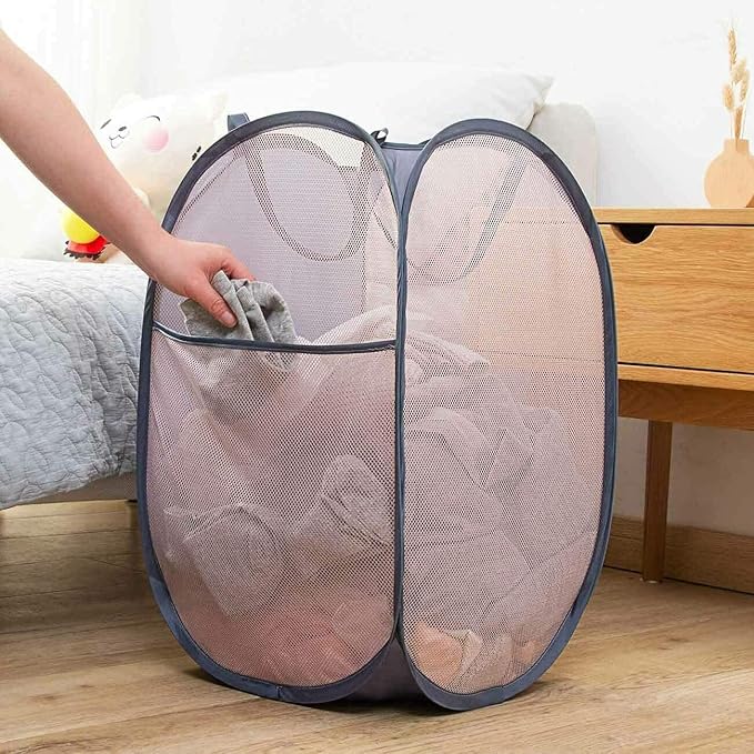 Pop Up Laundry Hampers, Collapsible Mesh Laundry Baskets for Home, Dorm, Travel, Portable Clothes Hampers, Pack of 2 (Black + Grey)