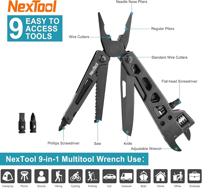 NexTool W3 Adjustable Wrench Multitool, 9-in-1 Folding Pliers | 20mm Jaw Opening, Locking Knife, Saw, Nylon Sheath, Heavy-Duty Stainless Steel Tool for Mechanical Repair, Camping, DIY