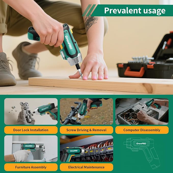 GRENPRO 4V Electric Screwdriver Rechargeable 10pcs, Cordless Screwdriver | USB Small Power Screwdriver Set with Bits, Green, Ideal for Home Repairs