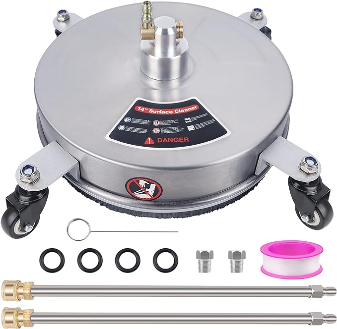 Biswing 14" Pressure Washer Surface Cleaner with 4 Wheels, Stainless Steel Power Washer Accessory for Driveways Sidewalks Patios Cleaning, 1/4" Quick Connector, 2 Extension Wand Attachments, 4000 PSI