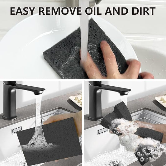 Cellulose Sponges, Large Size 4" x 6" x 1" - Heavy Duty Scrub Kitchen Sponge, Clean Tough Messes Without Scratching Kitchen Cleaning Pads, Pop Up Eco DIY (6 Pack), Black