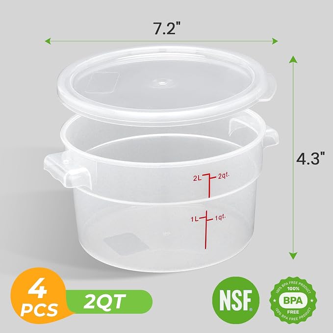 BIEAMA 4 Pack 2 Qt Round Food Storage Containers with Lids, Translucent PP | Include lids, labels, measuring cups and containers with capacity markings for food prep, pantry storage and dough proofing.