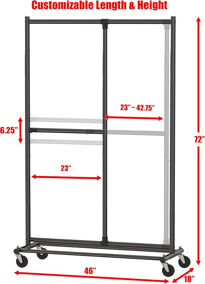 Simple Houseware Dual Bar Adjustable Clothing Garment Rack, 72" H, Black | Extendable Middle Bar from 23" to 42.75 Inches Width