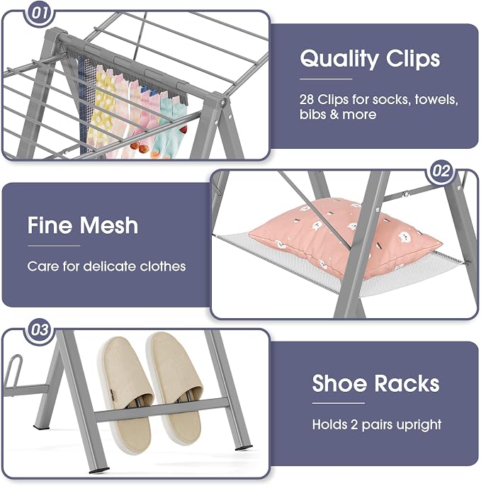 APEXCHASER Clothes Drying Rack, 67.7" L Height Adjustable, Foldable, Grey | 1.5"Folded, No Assembly, Space-Saving, Spacious Design, Adjustable Wings, Clips, Mesh Shelf, Shoe Rack, Indoor & Outdoor Use