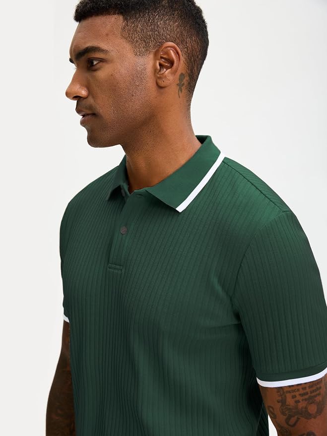 Comdecevis Men's Regular Fit Short Sleeve Knit Polo Shirts | Business casual, lightweight, breathable, stretch textured fabric, moisture wicking, easy care