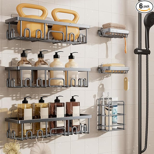 Veken Shower Caddy 6-Pack, No Drilling & Rustproof, Waterproof Adhesive Shelves Rack with Soap Holder, Large Capacity Bathroom Organizers and Storage, Wall-Mounted Kitchen & Home Decor, Silver Gray