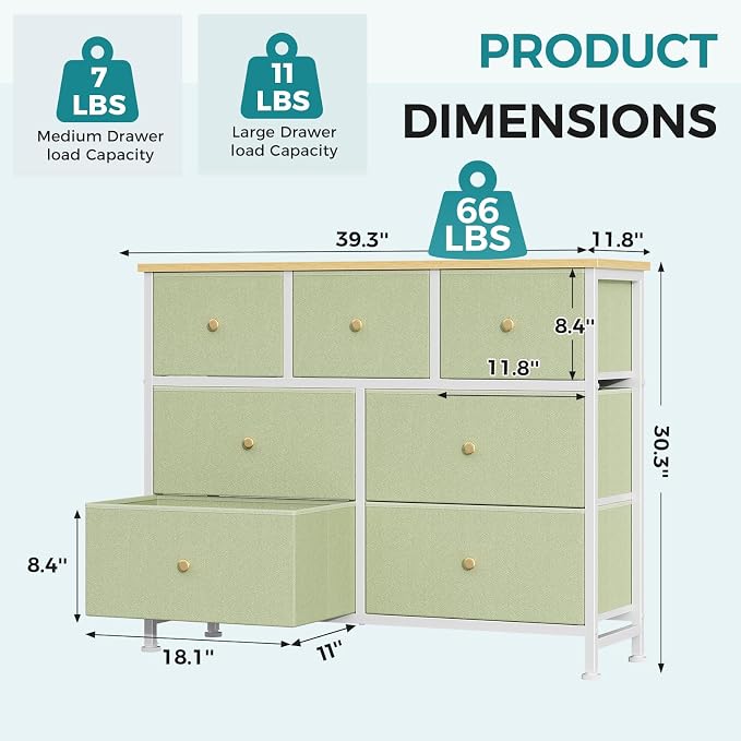 OLIXIS 7 Drawer Closet Organizer, Storage Tower with Sturdy Steel Frame | Dresser for Bedroom, Wooden Top & Easy Pull Fabric Bins, Clothes Organization, Living Room Entryway, Light Green
