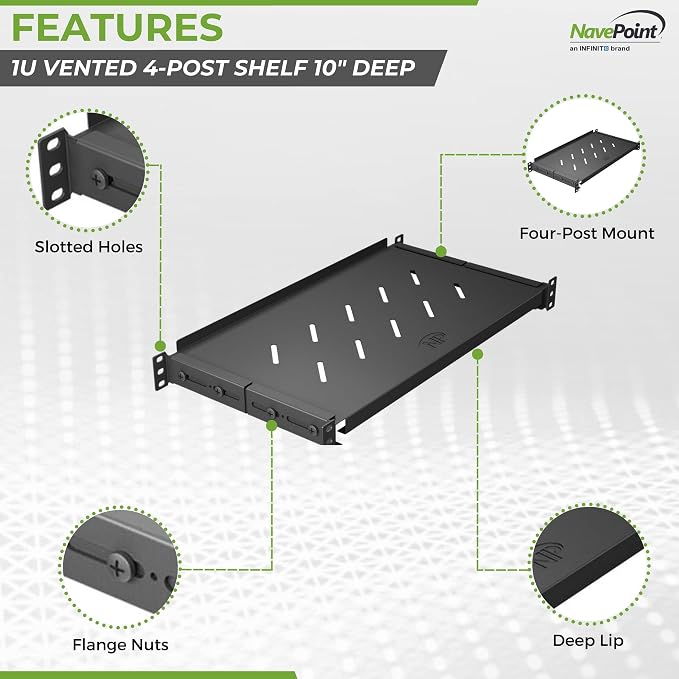 Vented 4-Post Shelf, Adjustable, Black, 250 mm Depth, 1U, 242 lbs, Cold Rolled Steel