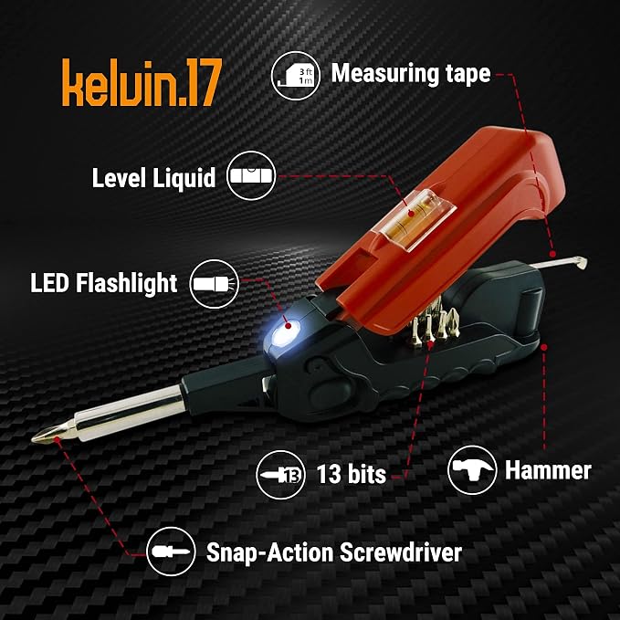 Kelvin Tools - Kelvin 17 Urban Screwdriver Set, All in One Everyday Multitool Screwdriver, Multi-Tip, Compact & Universal Precision, 13 Bit Set with Tape Measure, Liquid Level, Hammer and Flashlight
