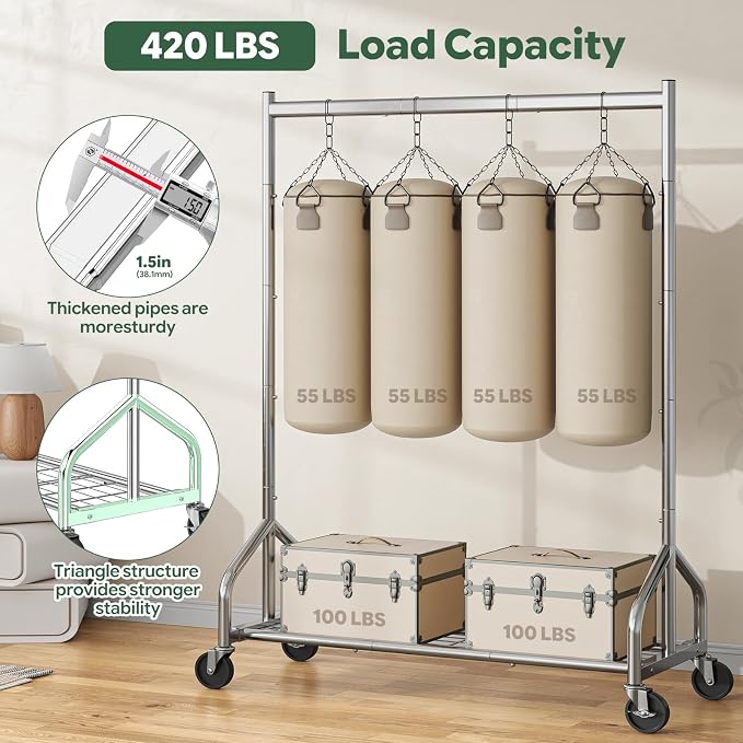 Simple Trending Heavy Duty Clothes Rack Load 420 LBS, Silver | Mesh Storage Shelf, 360° Lockable Wheels, Clothes Hanger for Bedroom, Laundry Room