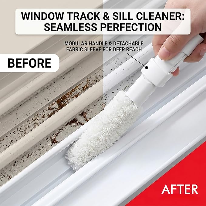 Home Detail Cleaning Kit, Crevice Cleaning Brush, 5-in-1 Detail Duster, Replacement Pads, Microfiber Sleeves and Storage Bag for Window Tracks, Air Vents, Kitchen and Bathroom