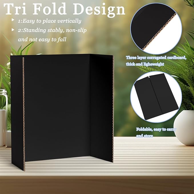 AKONEGE 6PCS Black Trifold Poster Board 26"x16" for Display & Presentation | Small, Corrugated Cardboard, Display Board, Presentation Board, Ideal for School Project, Science Fair, Business Exhibition