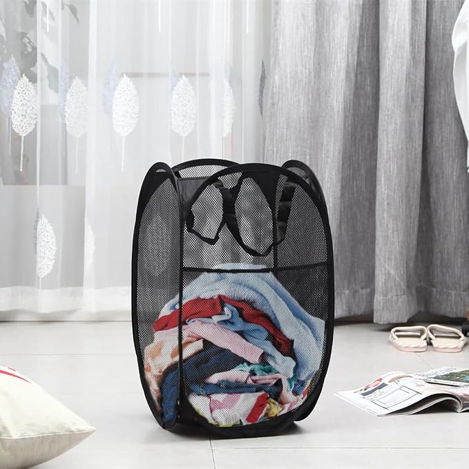 Mesh Pop up Laundry Hamper with Portable Handles, Collapsible Laundry Basket for Storage, Folding Pop-Up Clothes Hampers for Home, College Dorm or Travel, Black