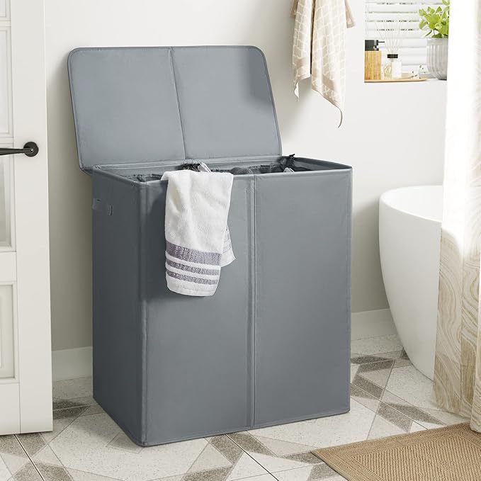 WOWLIVE 154L Double Laundry Hamper 2 Section with Lid and Removable Bags | Divided Laundry Basket, Large Dirty Clothes Hamper with Handle, Collapsible Laundry Storage for Dorm Room, College, Grey